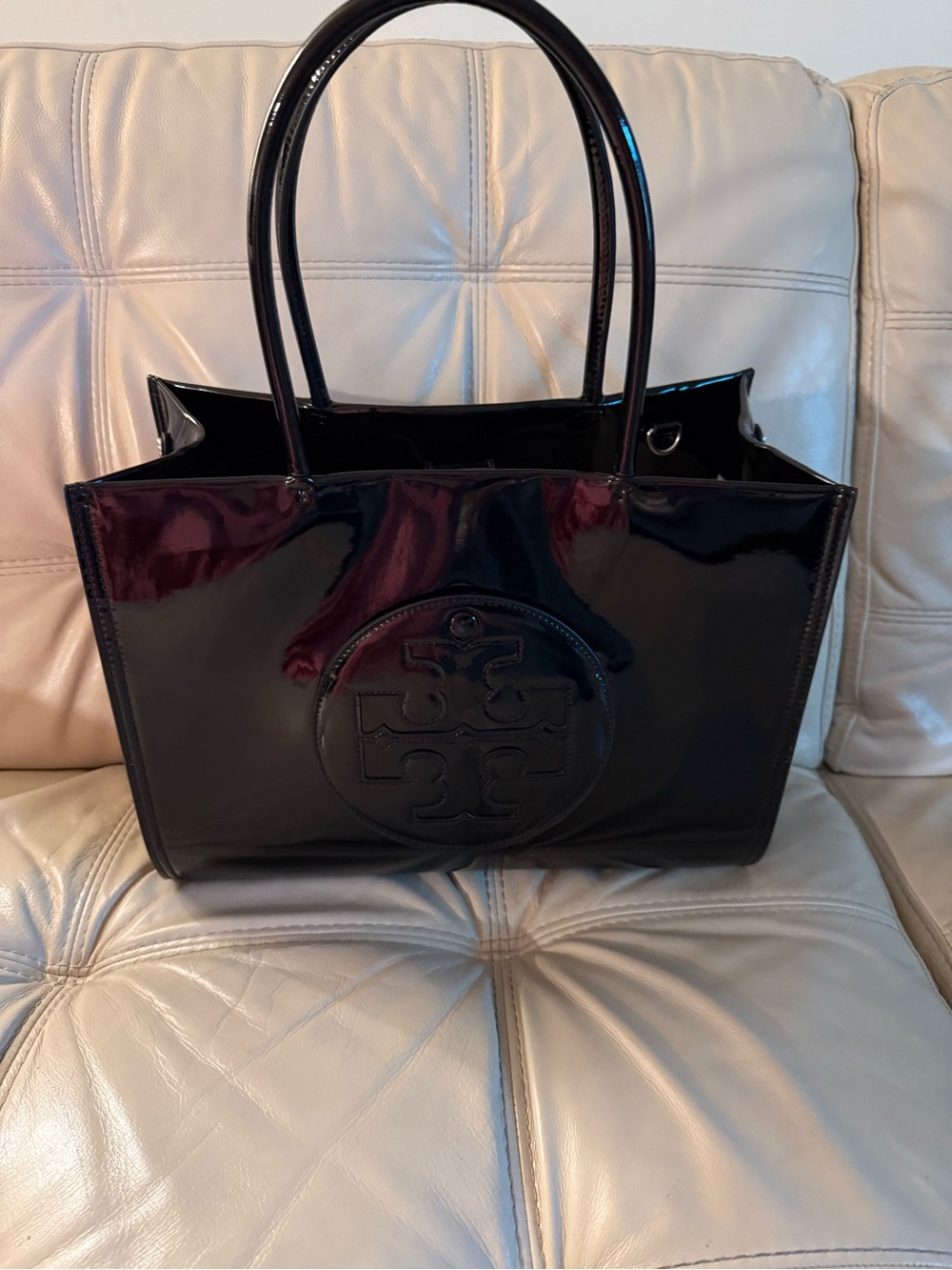 Tory Burch Glossy Patent Tote in Deep Burgundy/Black